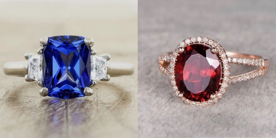 blue three gemstone engagement ring in yellow gold and red engagement ring with halo in rose gold