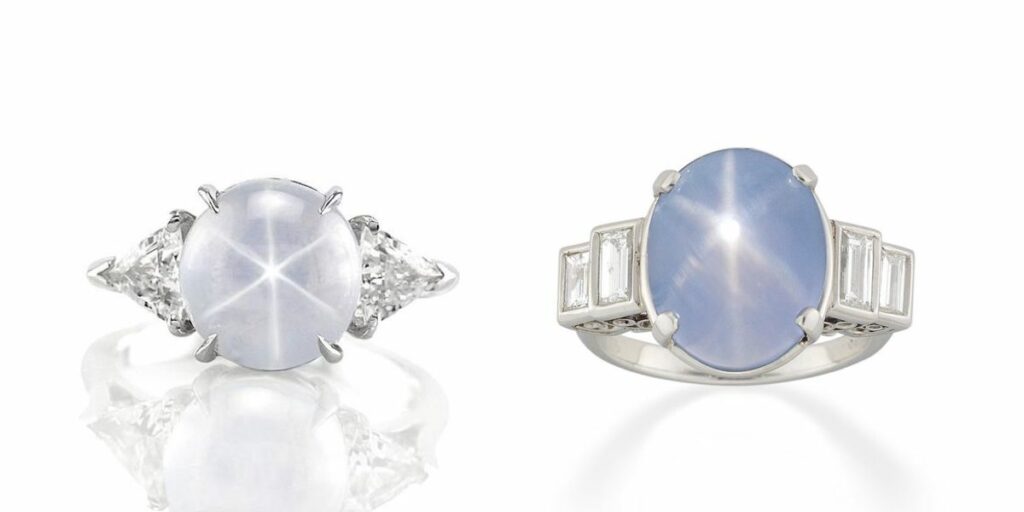 opal engagement ring alternative with star sapphire center stones in white gold