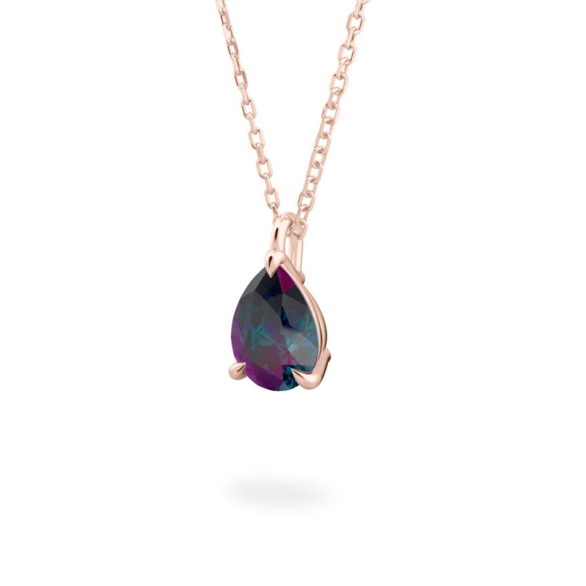 three prong alexandrite color change pear necklace rose gold