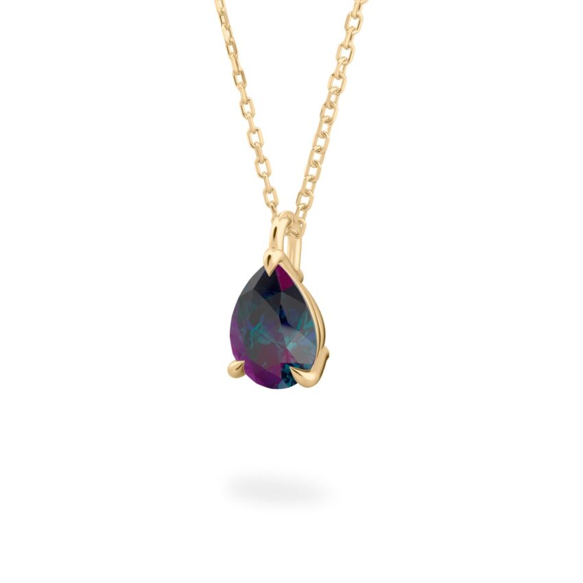 three prong alexandrite color change pear necklace yellow gold