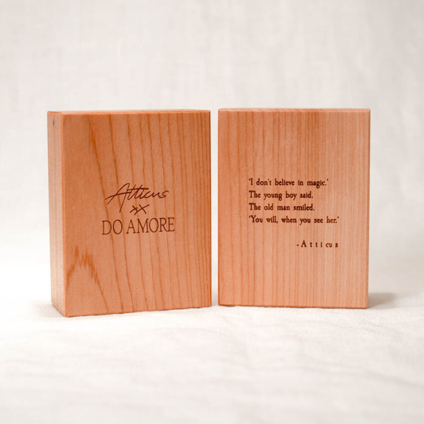 wooden boxes with laser inscribed logo and poem