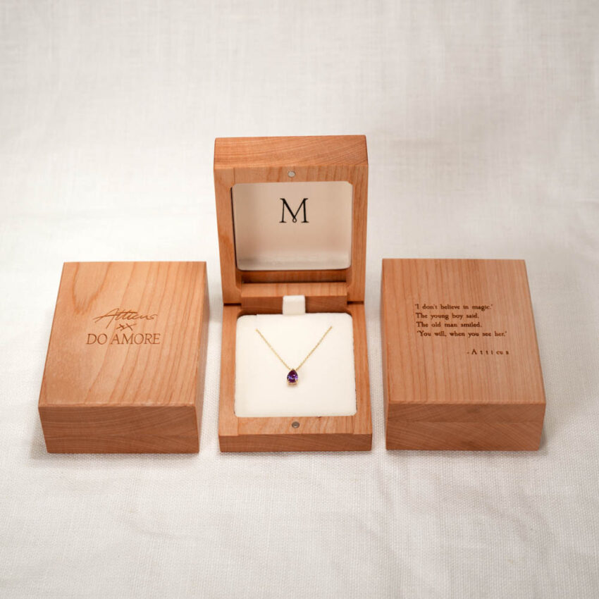 wooden necklace boxes with laser inscribed poem and logos and alexandrite necklace inside