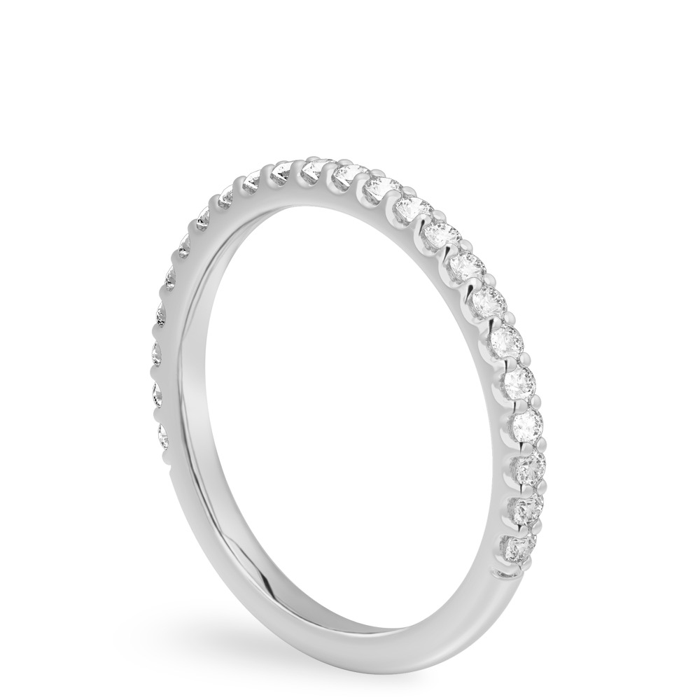 white gold wedding band with round diamonds and shared prongs