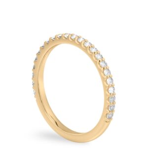 yellow gold wedding band with round diamonds and shared prongs