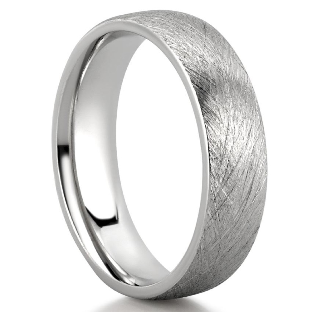 wire brushed men's vintage inspired wedding band from an angle view white gold