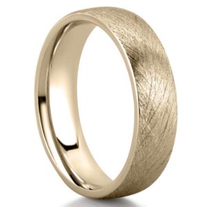wire brushed men's vintage inspired wedding band from an angle view yellow gold
