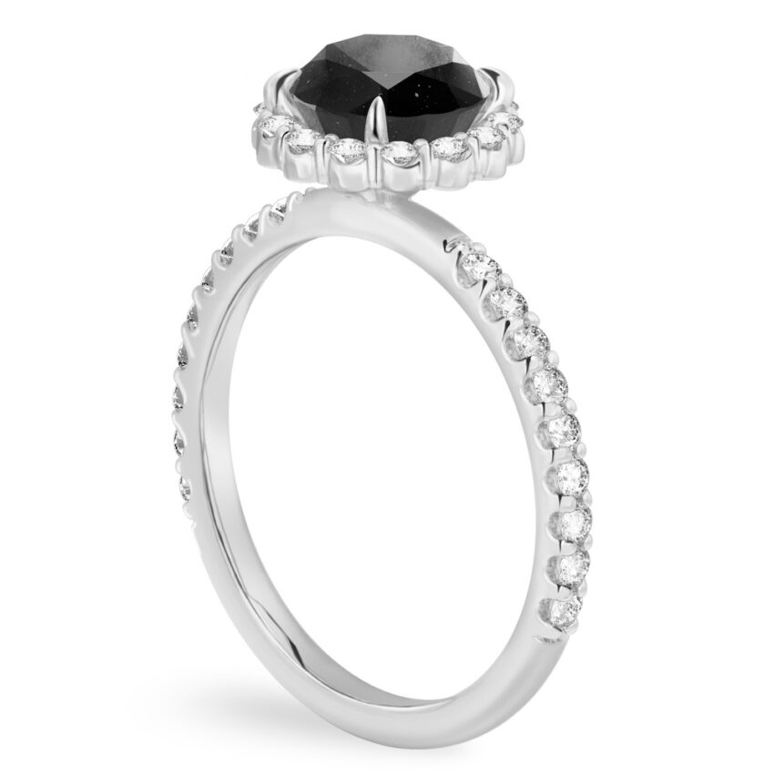 platinum shared prong diamond halo engagement ring with round salt and pepper black diamond