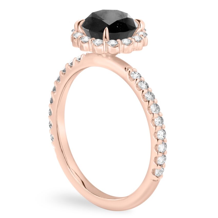 rose gold shared prong diamond halo engagement ring with round salt and pepper black diamond