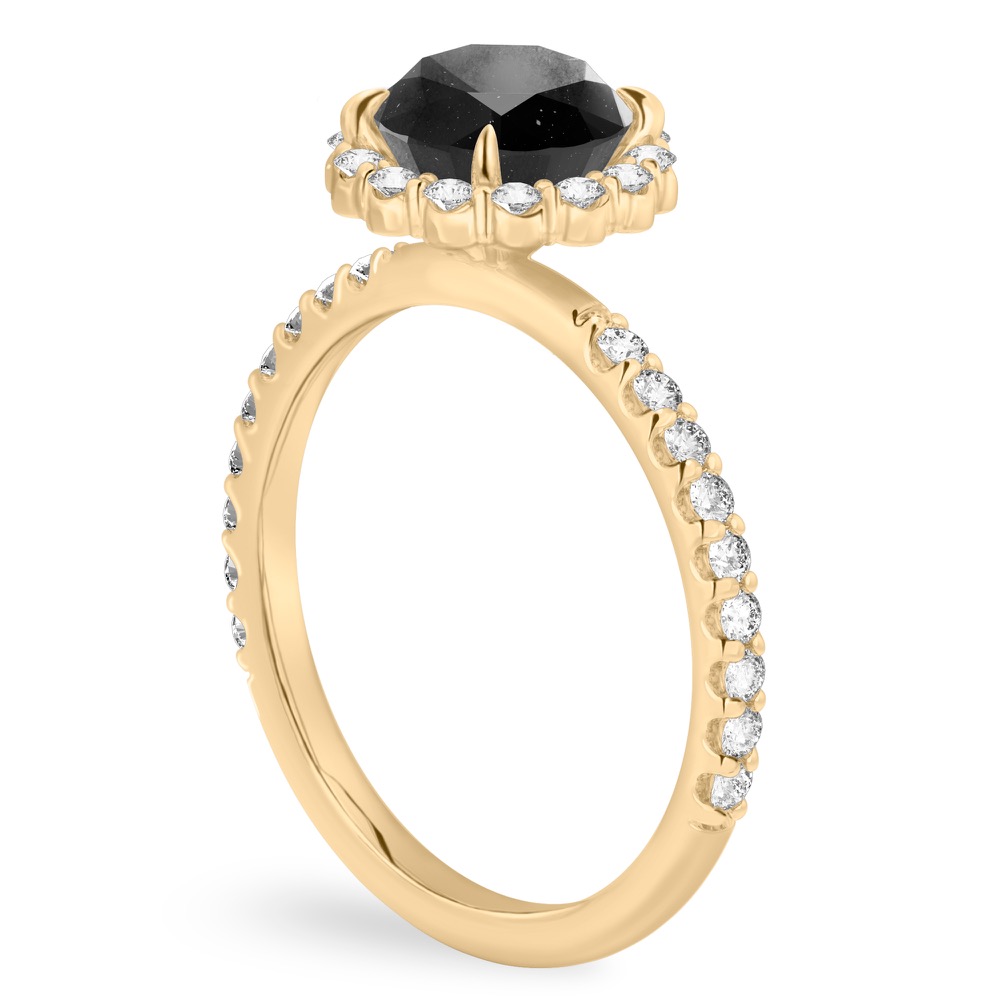 yellow gold shared prong diamond halo engagement ring with round salt and pepper black diamond