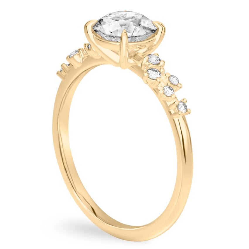 basket engagement ring with scatterd side diamonds yellow gold