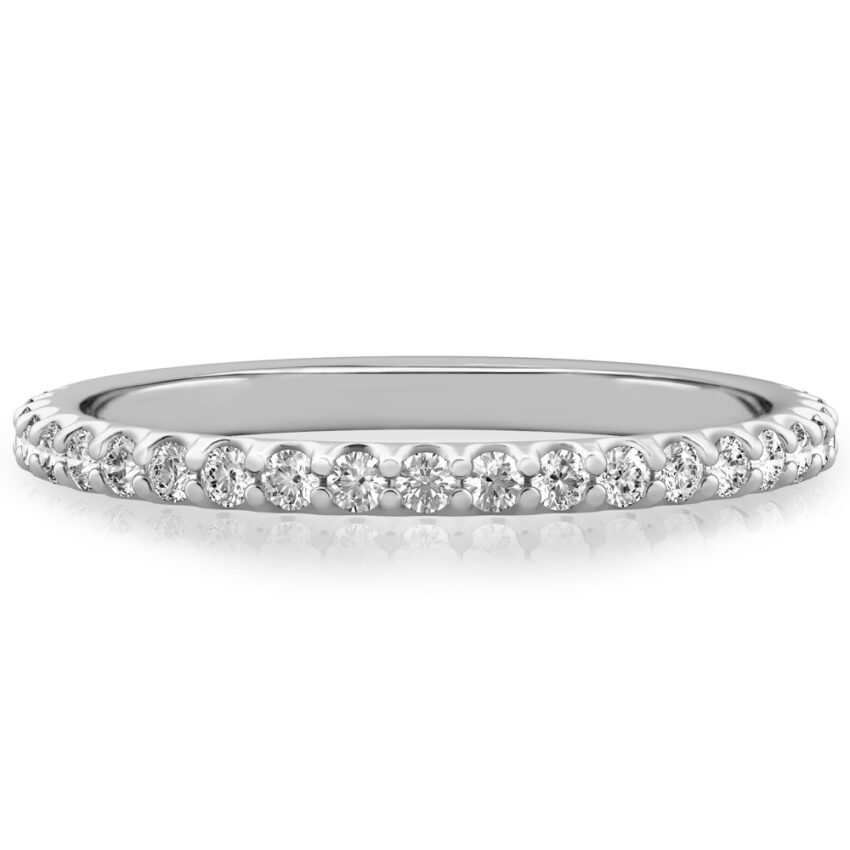 wedding band with round diamonds and shared prongs in white gold
