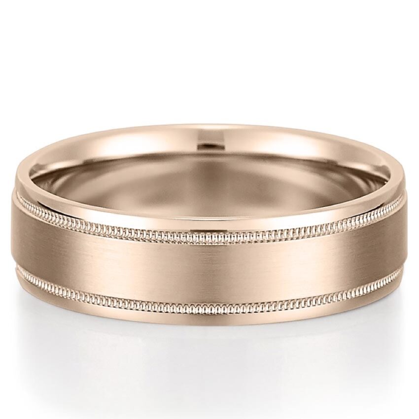 rose gold men's wedding band with satin finish and milgrain detail