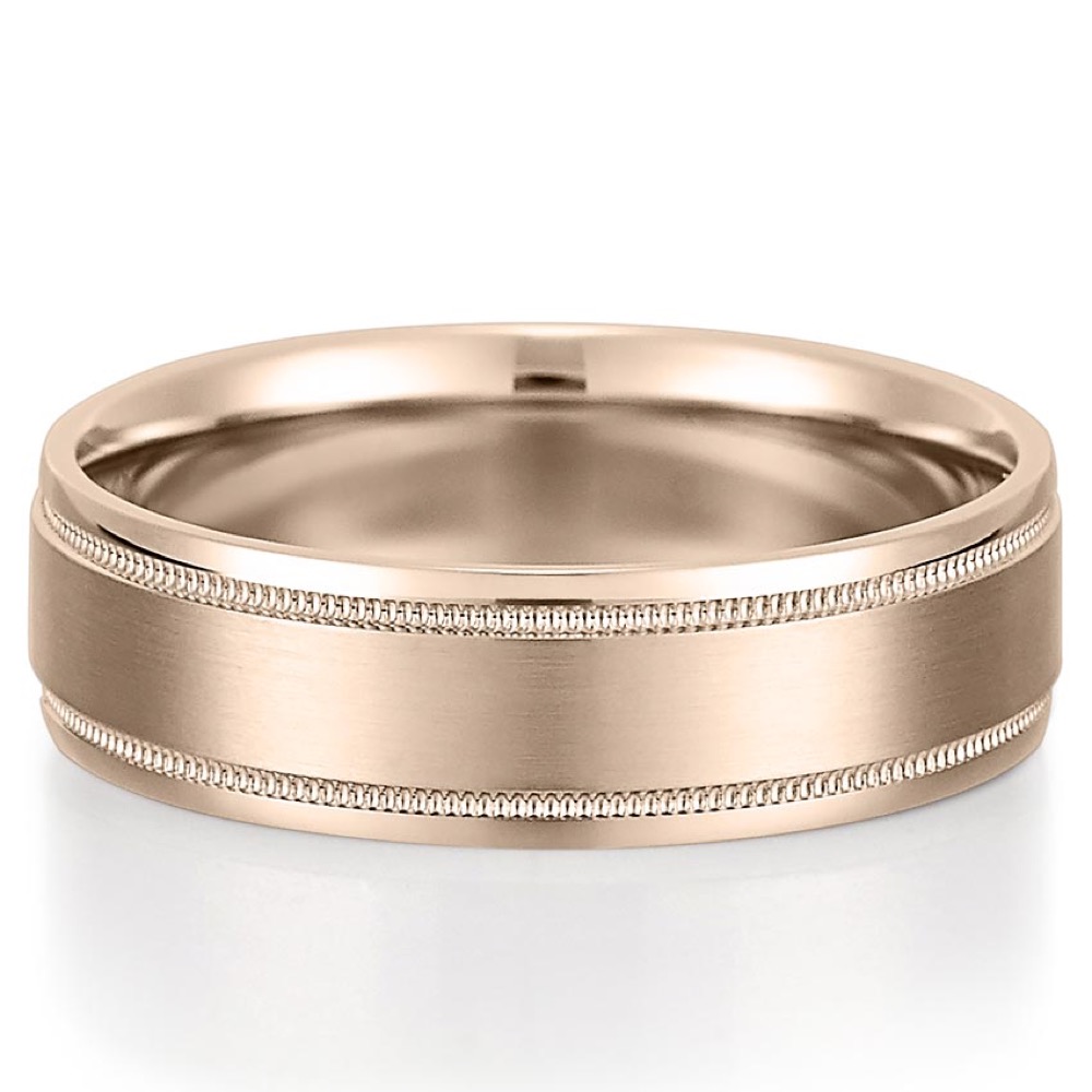 rose gold men's wedding band with satin finish and milgrain detail