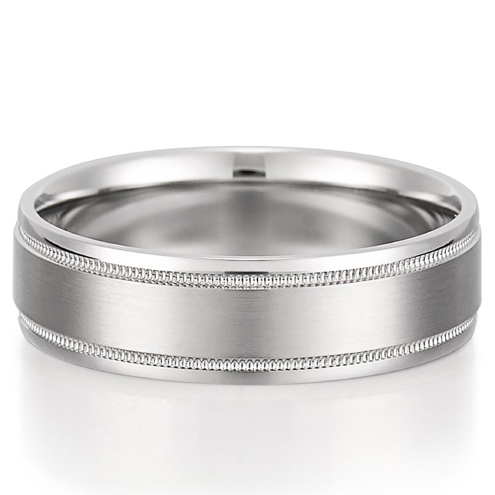 white gold men's wedding band with satin finish and milgrain detail