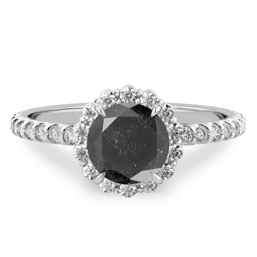 platinum halo engagement ring with round salt and pepper black diamond