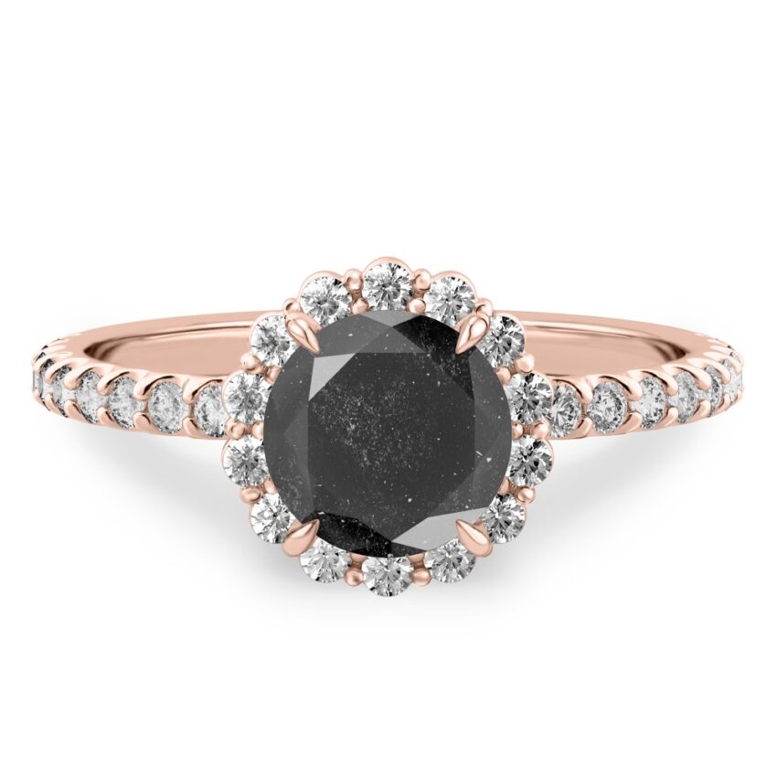 rose gold halo engagement ring with round salt and pepper black diamond