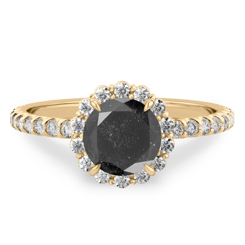 yellow gold halo engagement ring with round salt and pepper black diamond