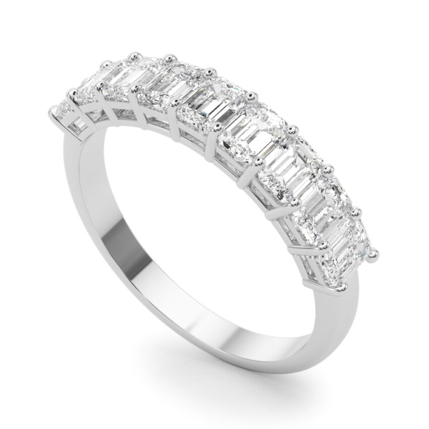 palladium emerald lab diamond anniversary band with shared prongs
