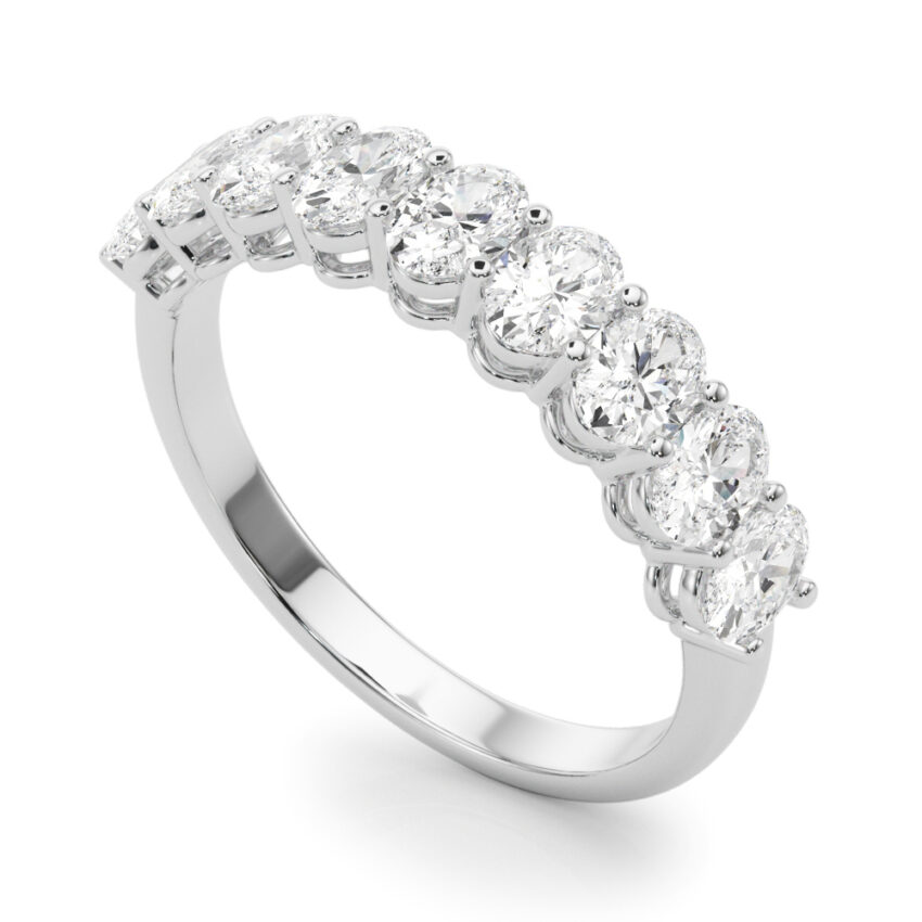 white gold oval lab diamond anniversary band with shared prongs
