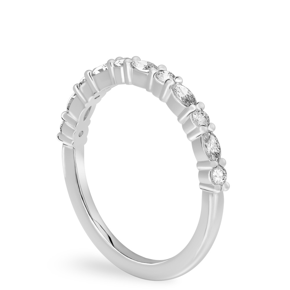 platinum angle view of wedding band with marquise and round diamonds