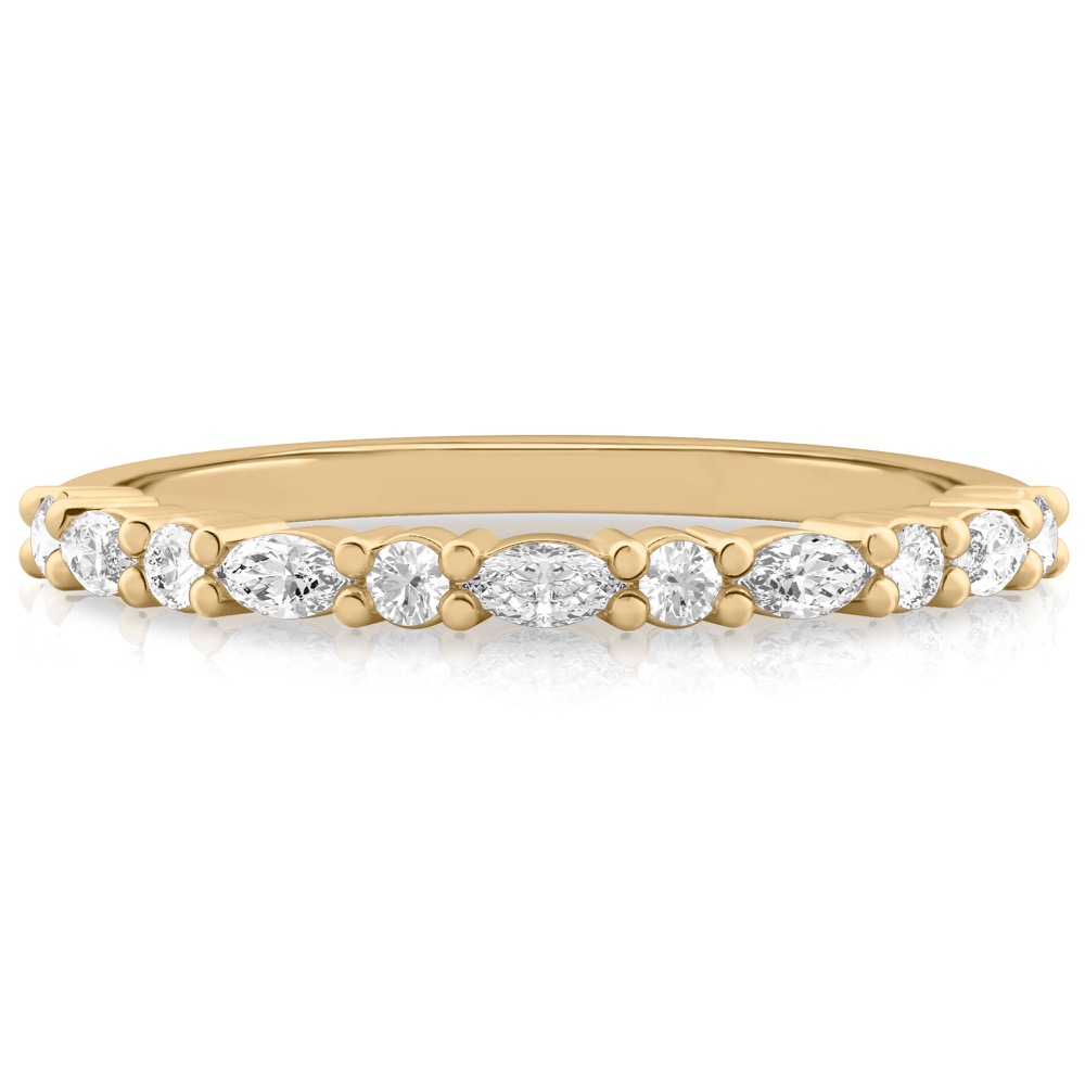 yellow gold wedding band with marquise and round diamonds