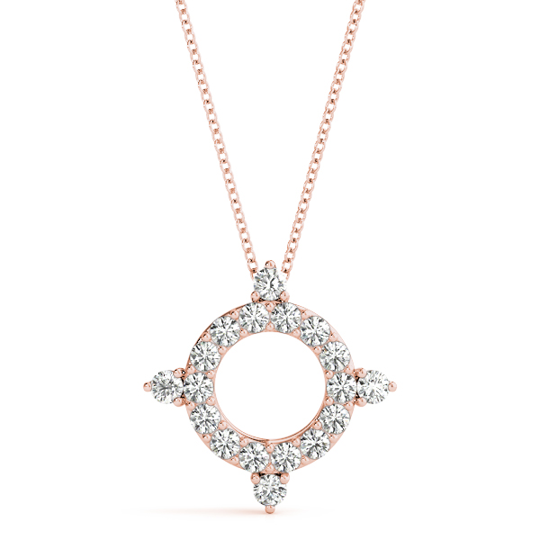 rose gold necklace pendant with circle of diamonds resembling a compass