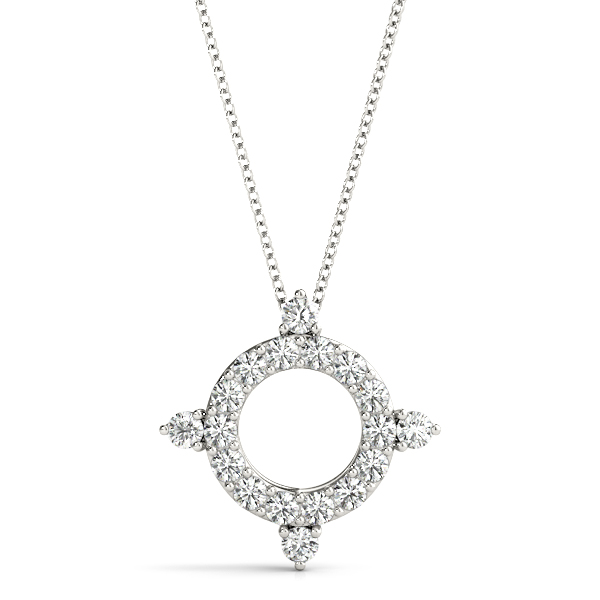 white gold necklace pendant with circle of diamonds resembling a compass