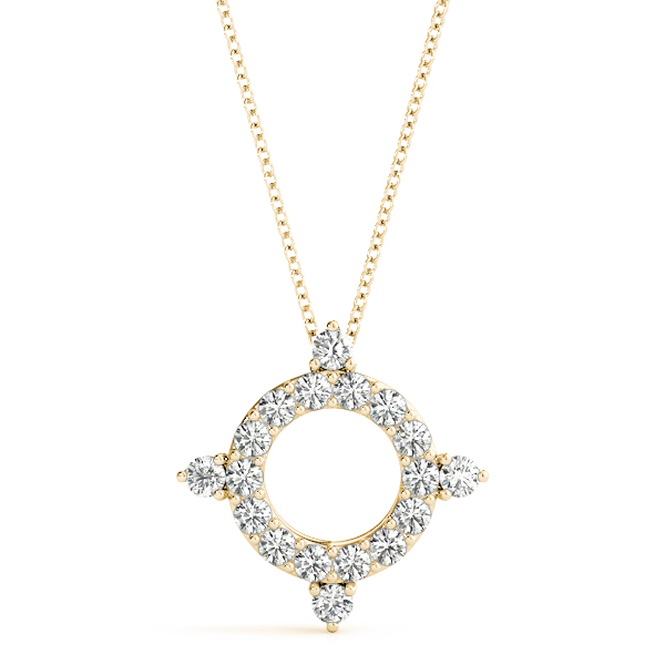 yellow gold necklace pendant with circle of diamonds resembling a compass