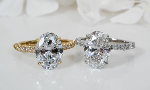 Custom marquise and dot platinum ring vs yellow gold oval diamond ring