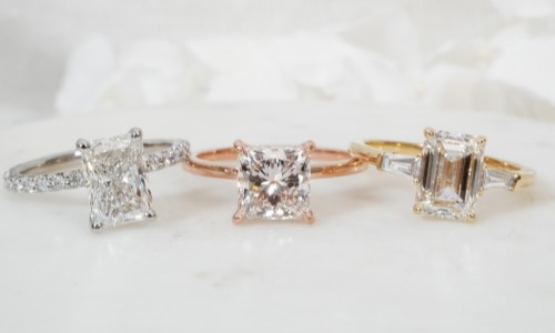 white gold Mekelle Radiant cut vs rose gold Hidden Halo princess cut vs yellow gold Tapered Baguette emerald cut