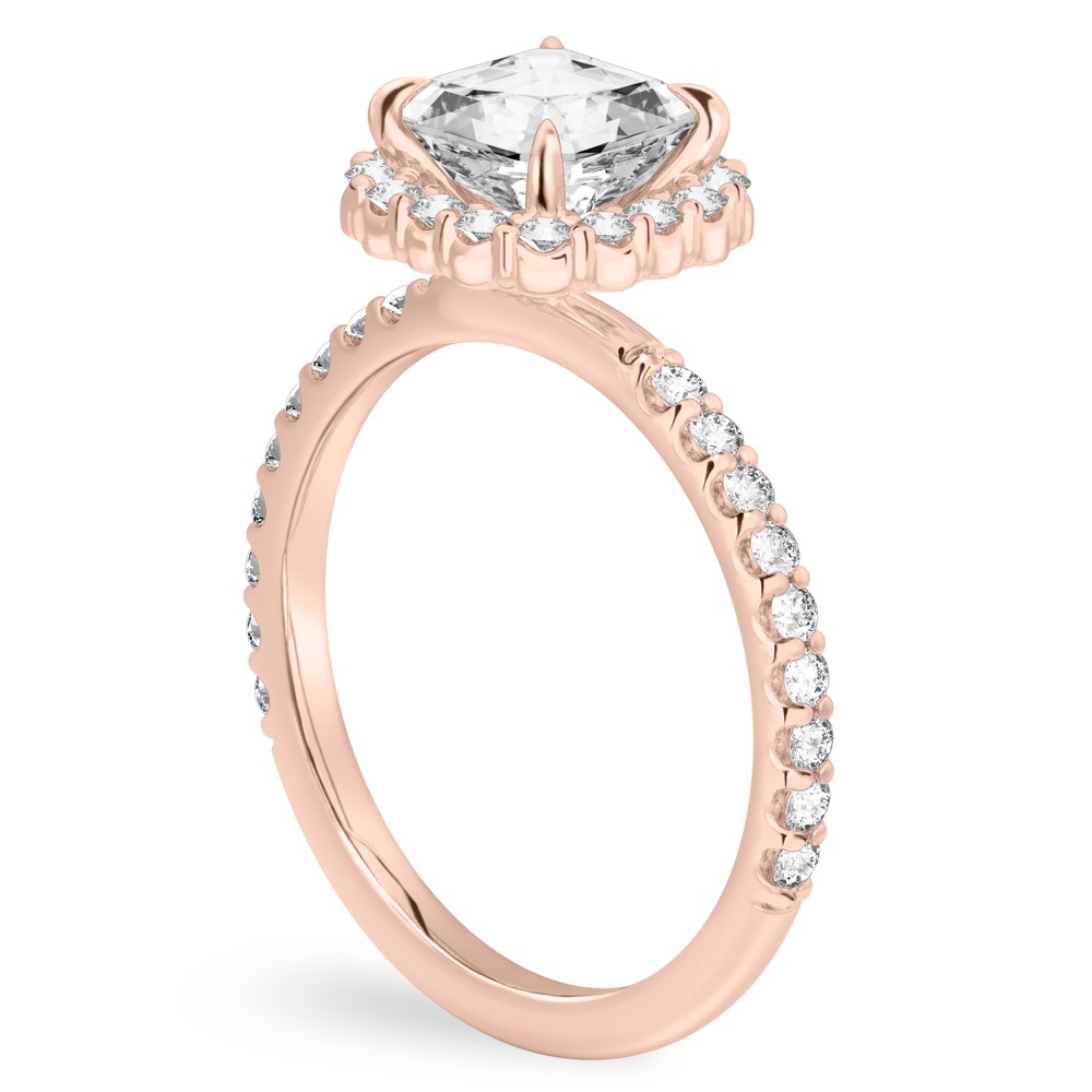 Angle view of asscher cut diamond scalloped halo engagement ring rose gold