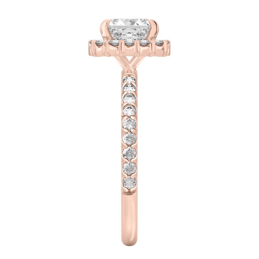 Side view of asscher cut diamond scalloped halo engagement ring rose gold