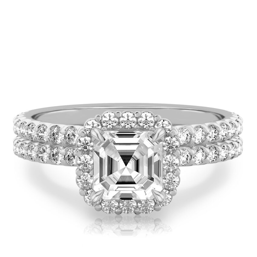 asscher cut diamond scalloped halo engagement ring set in platinum