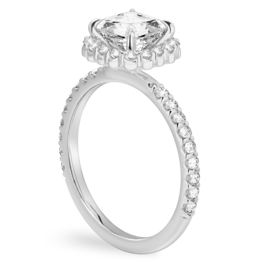 Angle view of asscher cut diamond scalloped halo engagement ring white gold