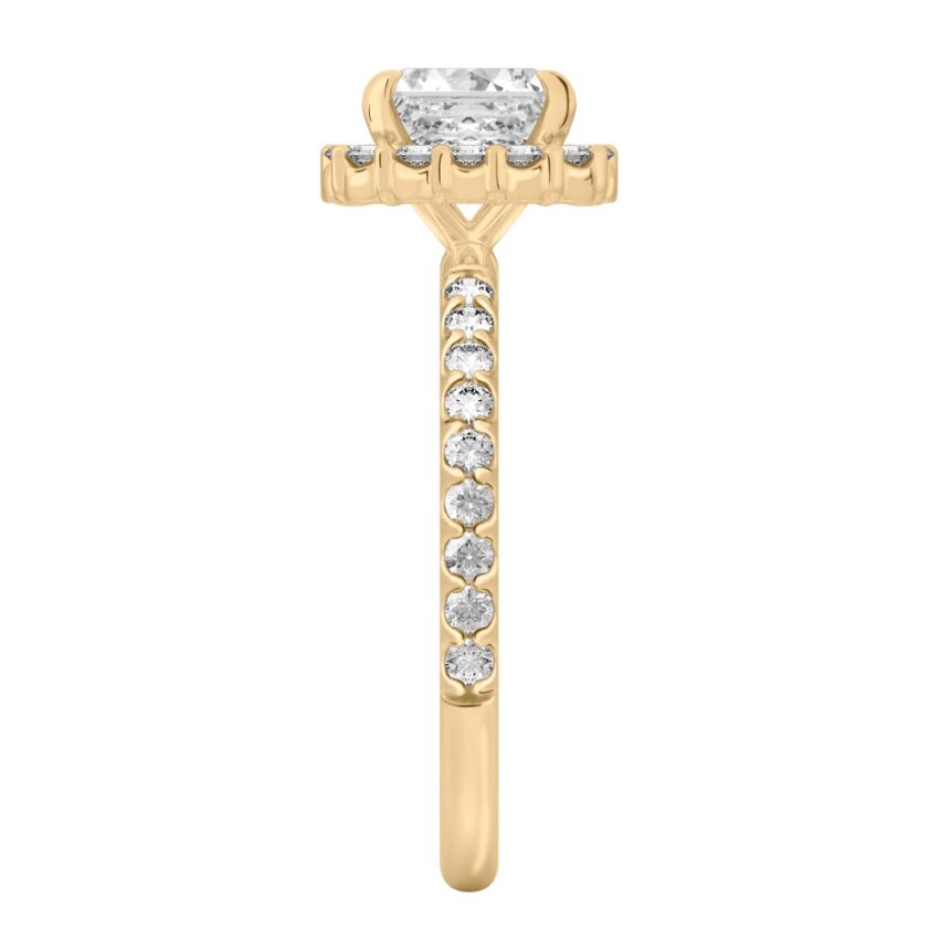 Side view of asscher cut diamond scalloped halo engagement ring yellow gold