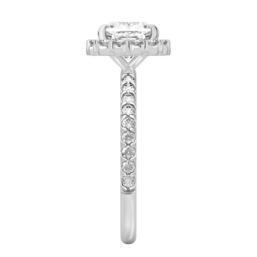 Side view of cushion cut diamond scalloped halo engagement ring platinum