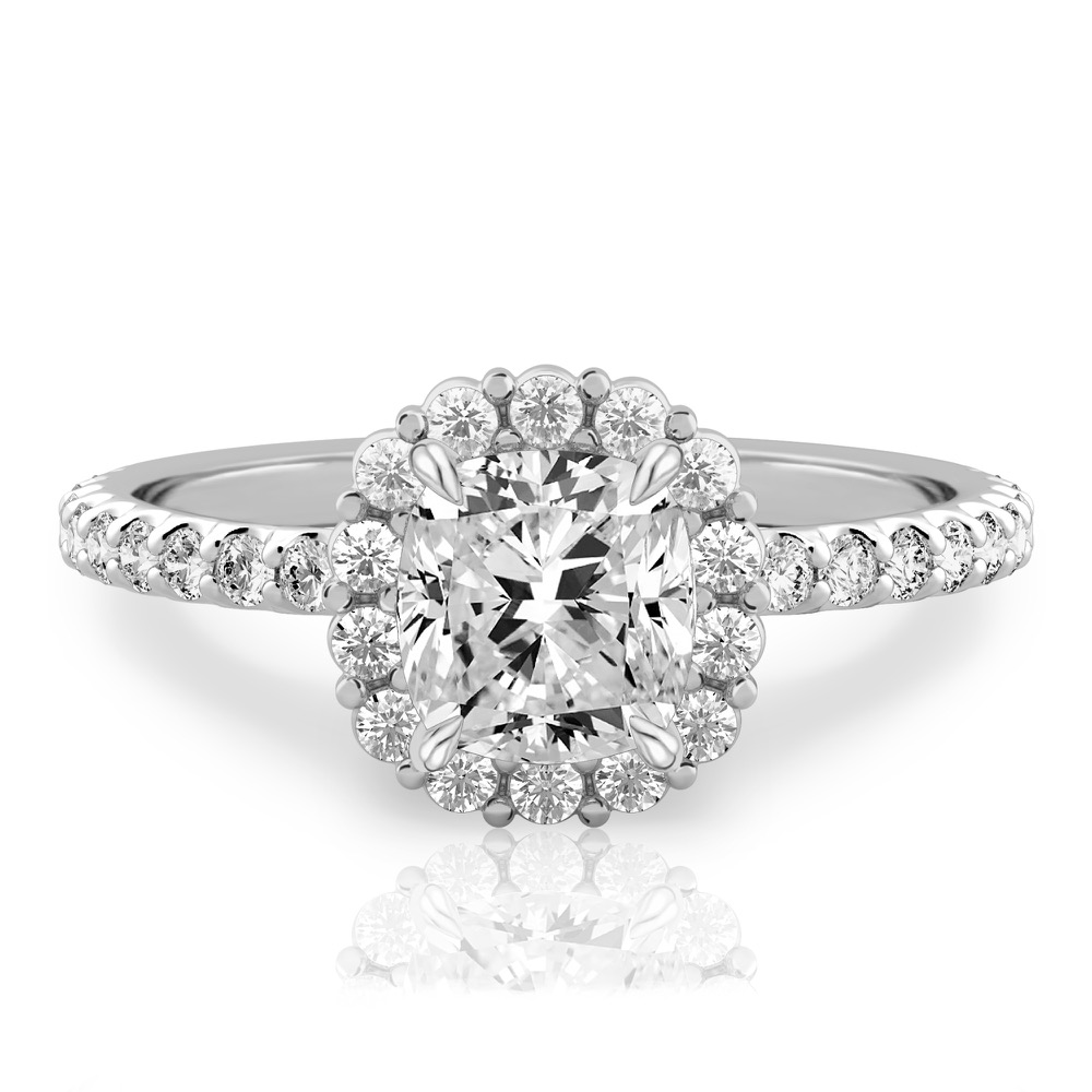 cushion cut diamond scalloped halo engagement ring platinum