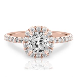cushion cut diamond scalloped halo engagement ring rose gold