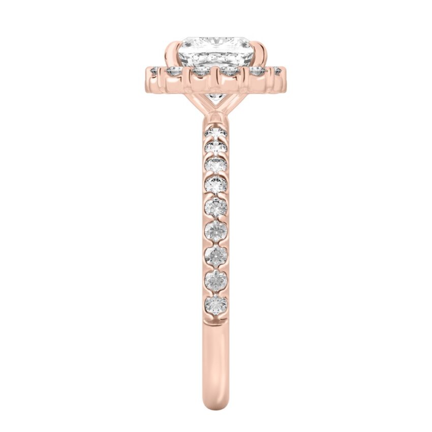Side view of cushion cut diamond scalloped halo engagement ring rose gold