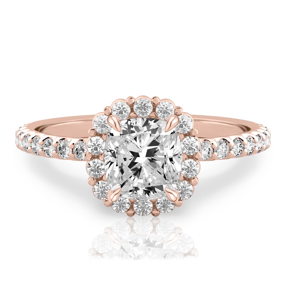 cushion cut diamond scalloped halo engagement ring rose gold