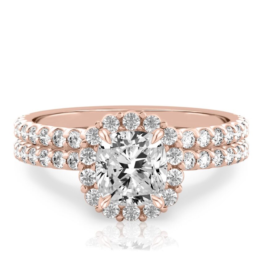 cushion cut diamond scalloped halo engagement ring set in rose gold