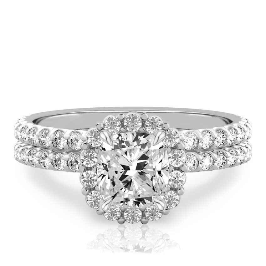 cushion cut diamond scalloped halo engagement ring set in white gold