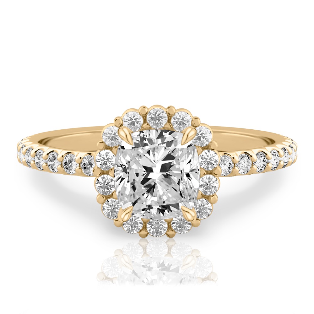 cushion cut diamond scalloped halo engagement ring yellow gold