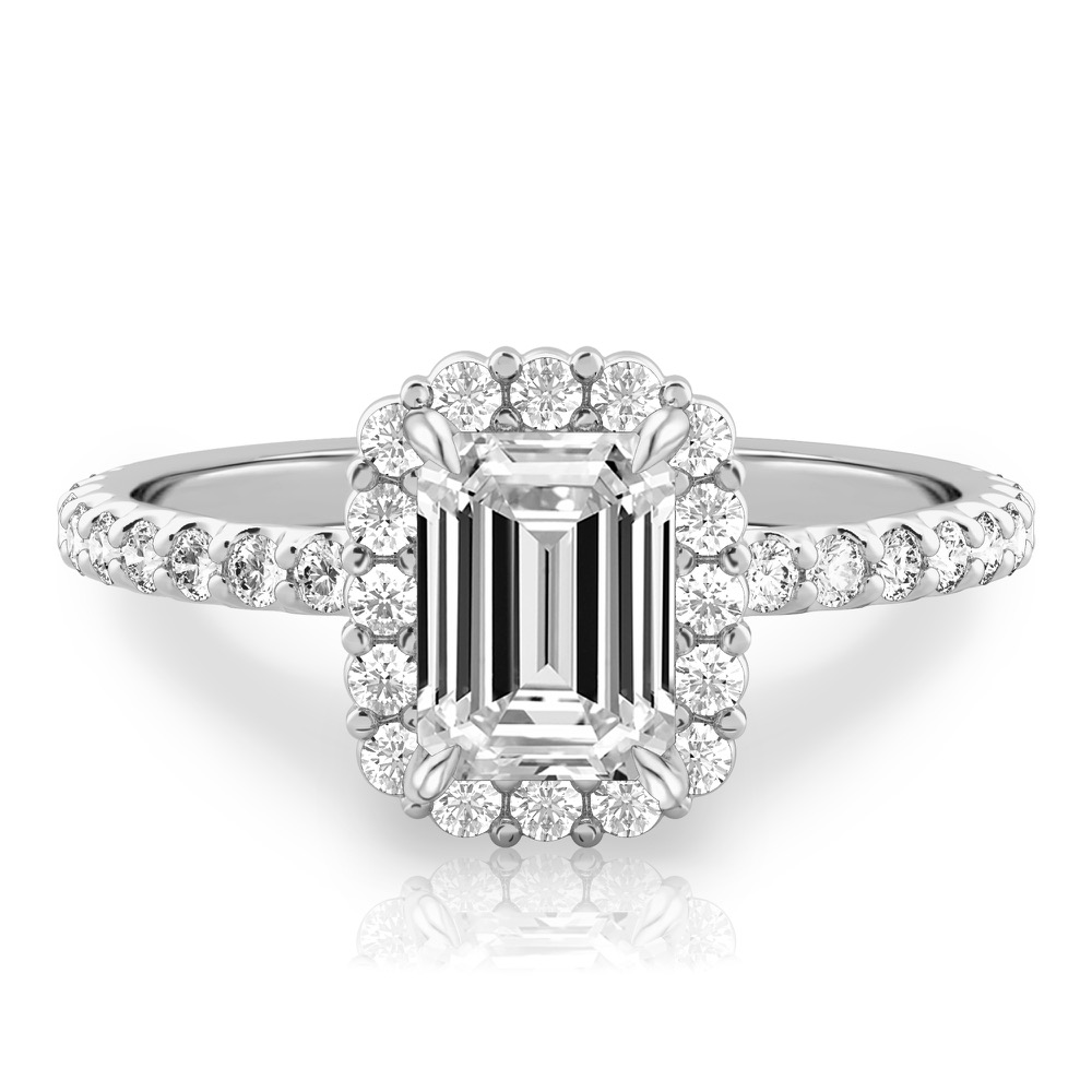 emerald cut diamond scalloped halo engagement ring platinum