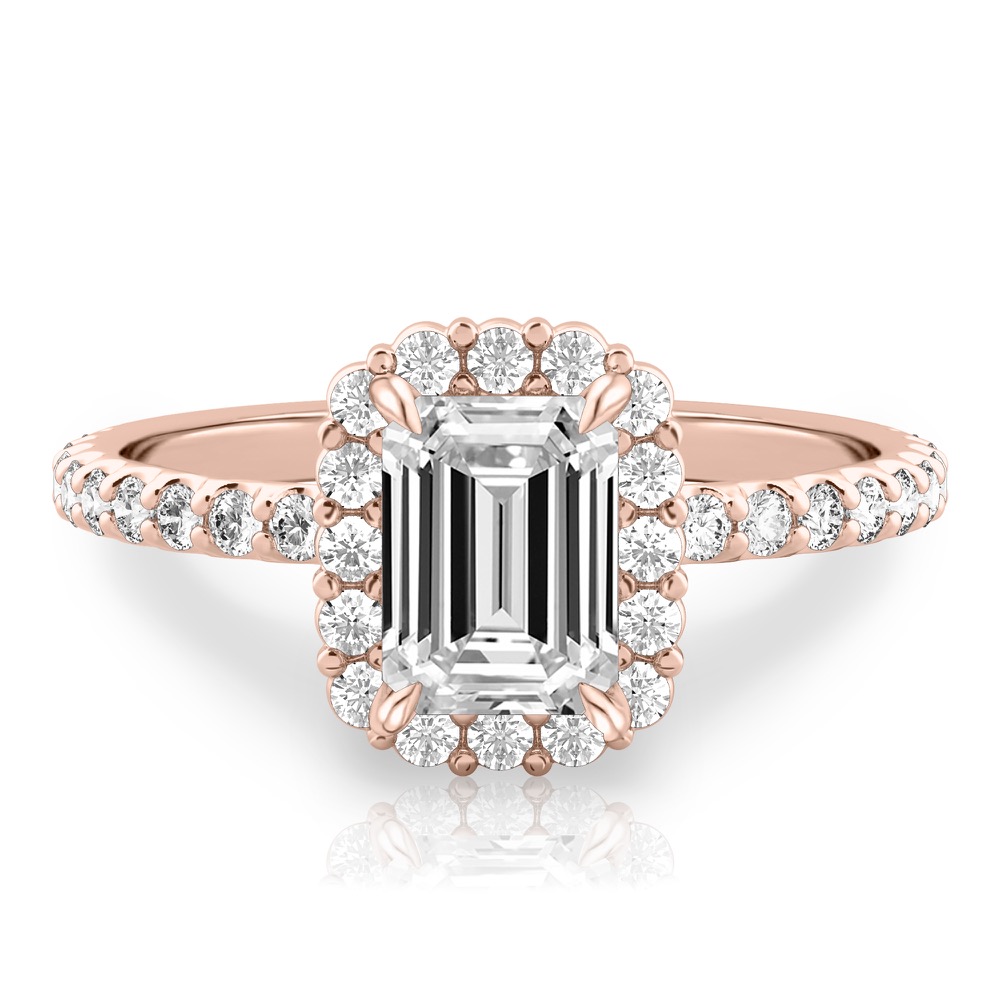 emerald cut diamond scalloped halo engagement ring rose gold