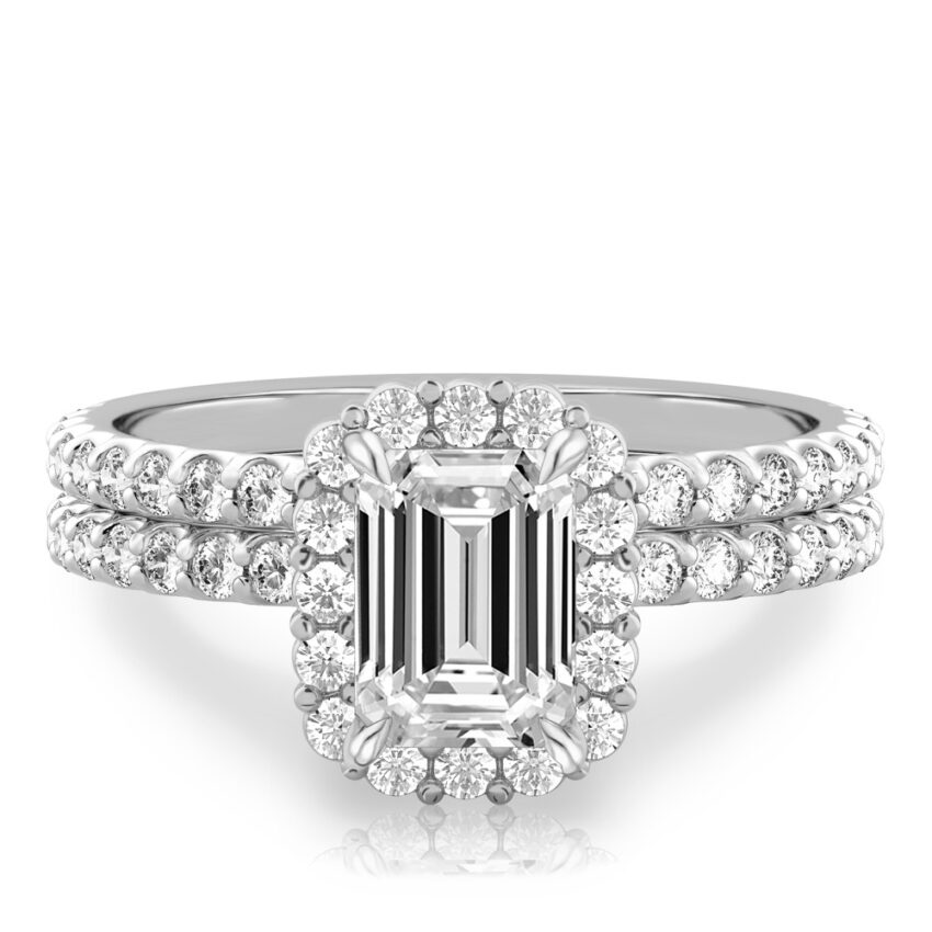 emerald cut diamond scalloped halo engagement ring set in white gold