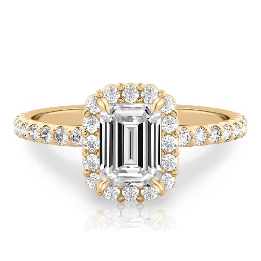 emerald cut diamond scalloped halo engagement ring yellow gold