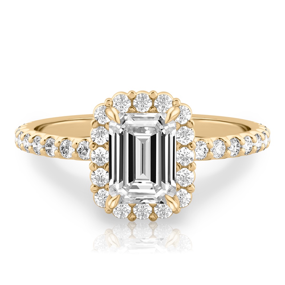 emerald cut diamond scalloped halo engagement ring yellow gold