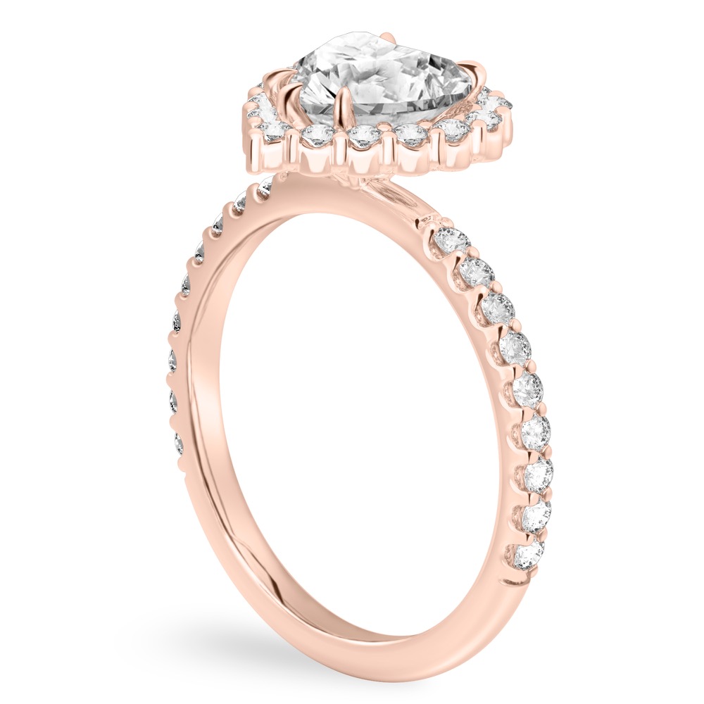 Angle view of heart shape diamond scalloped halo engagement ring rose gold