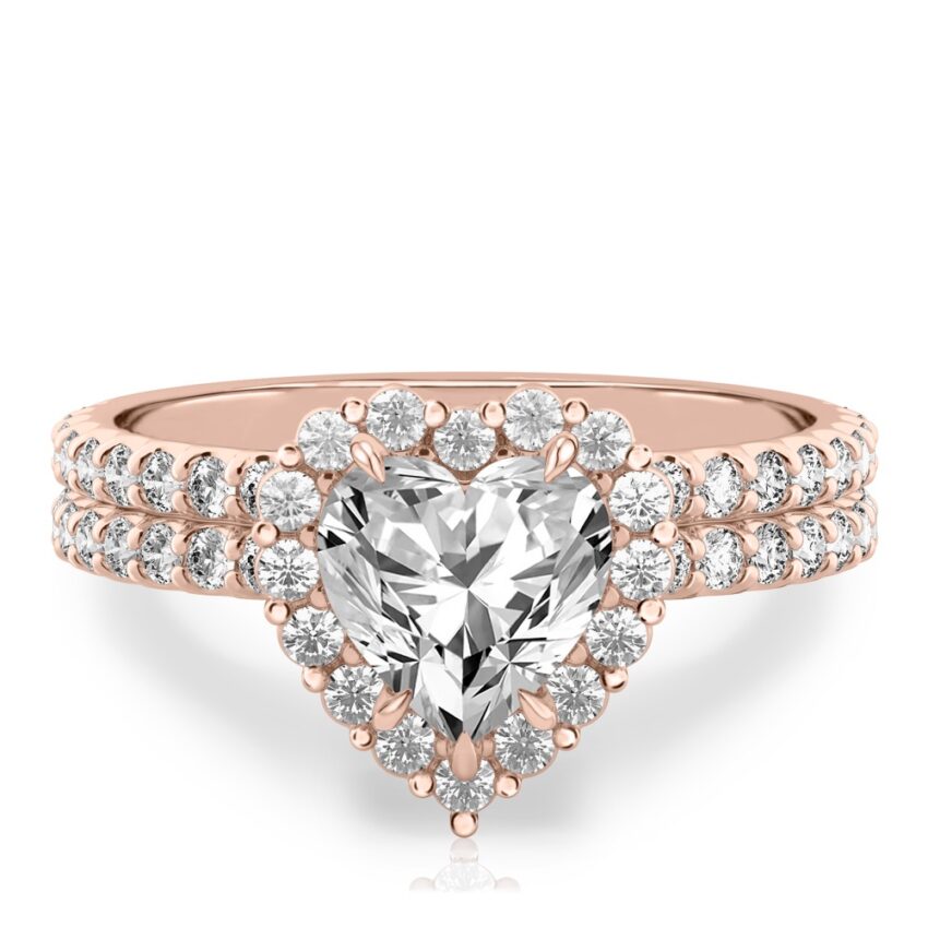 heart shape diamond scalloped halo engagement ring set in rose gold
